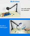 3 In 1 Solder Fume Extractor With 26 Inch Adjustable Arm 3 Carbon Filters Soldering Lamp With 3 Color Modes And 10 Brightness shown in use