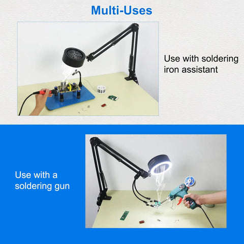 3 In 1 Solder Fume Extractor With 26 Inch Adjustable Arm 3 Carbon Filters Soldering Lamp With 3 Color Modes And 10 Brightness shown in use