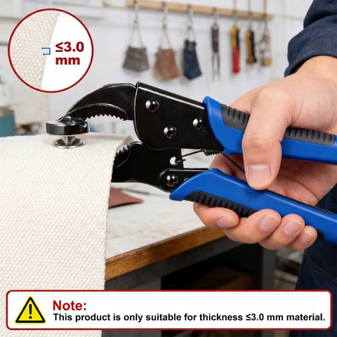 Straight Shooter 266 Piece Snap Fastener Tool Kit with adjustable pliers gripping canvas material under 3mm thick.