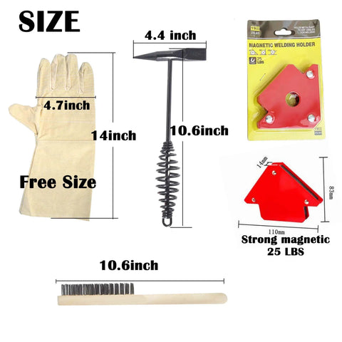 Complete Welding Kit With Magnetic Holder And Heavy Duty Chipping Hammer With Coil Spring Steel Wire Brush Durable Canvas Welding Gloves All In One Pro Grade Rust Removal And Fabrication Set For Pros showing tools and measurements.