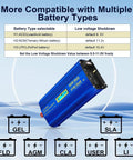 Powerful 3000W Pure Sine Wave Inverter for Off Grid Power 12V to 110V AC with 6100W Surge for 2 Seconds shown with battery compatibility chart.