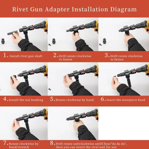 Installation diagram of 2-In-1 Rivet Gun And Rivet Nut Adapter Kit For Cordless Drills showing step-by-step guide with images.