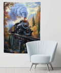 Locomotive Train Tapestry 44x60 Inches Wall Art Decor with vivid train scene, lightweight polyester, hanging in living room