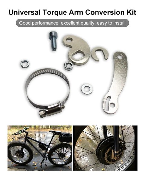 Torque Arm Conversion Kit For Electric Bicycles M14 Shaft Fit Universal Torsion Arm Safety Upgrade For E Bikes Durable Steel Build With Easy Install And Real Solid Shaft Protection, steel torque arm kit with clamp and bike wheel install