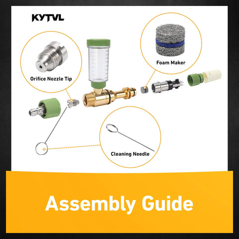 1.1mm Foam Cannon Nozzle and Filter Mesh Kit for Pressure Washers Up To 3000 PSI Replacement Tips with Cleaning Tools in assembly guide