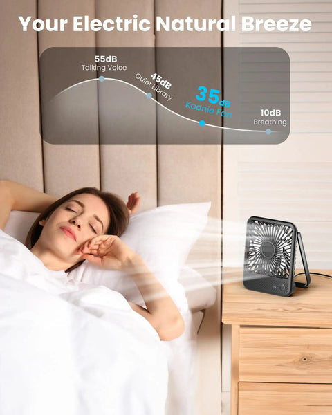 Woman sleeping with USB Desk Fan With Dope 7 Blade Design High Airflow Yet Ultra Quiet Personal Cooler on nightstand.