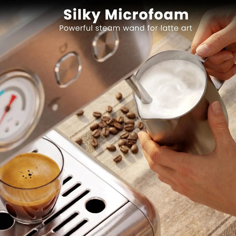 Heavy Duty Dual Boiler Espresso Machine With Built In Grinder And 20 Bar Pressure For Ridiculously Smooth Shots Featuring Pid Temp Control And Dedicated Milk Frother Steam Wand For Home Cafe Vibes creating silky microfoam.