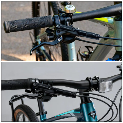 MT200 Hydraulic Brake Set For Mountain Bikes With 2 Piston Calipers Left Front 850mm Right Rear 1550mm Lines on handlebars.