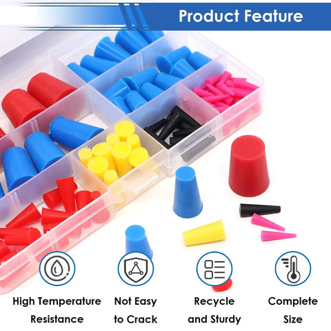 Dope 110 Pack Silicone Rubber Plugs Set For Coating And Painting Protection 8 Sizes And 5 Colors organized in a clear box