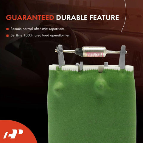 Front HVAC Blower Motor Resistor for Volkswagen VW 1K0959263A close-up with green module and load test details.