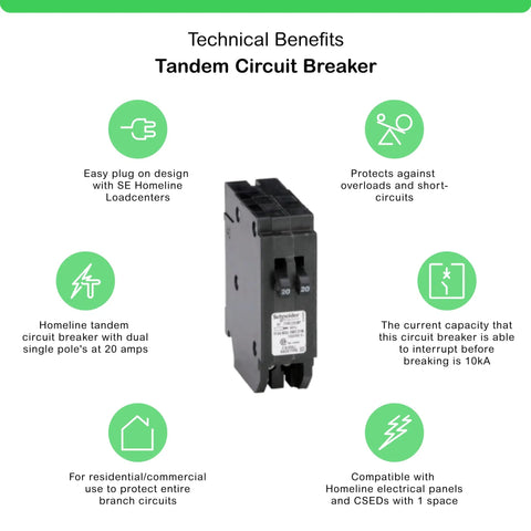 Homeline Tandem Circuit Breaker 20 Amp Dual Single Pole With 10kA Interrupt Rating, Easy Plug On Design For Homeline Loadcenters