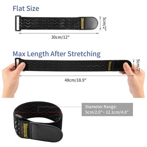 Hands stretching Elastic Cinch Straps With Anti Slip Strips 12 Inch Long 2 Inch Wide Eight Pack Workhorse displayed flat and coiled.