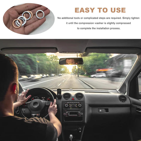 Hand holding washers from 80 Pack Car Oil Drain Plug Crush Washers Set With 10mm 12mm 14mm 16mm 18mm Copper Gaskets For Tight Seals