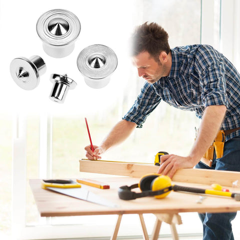 Pro Grade Dowel And Tenon Center Transfer Plugs For Woodworking, 20 Piece Chrome Steel Set in use by woodworker on wooden board