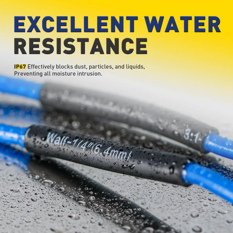 Close-up of Six Color Heat Shrink Tubing Kit With Three Sizes 300 Pieces One Quarter Inch To Three Eighths Inch And Three To One Shrink Ratio for wiring, showing water resistance feature.