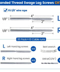 20 Pack Left and Right Handed Swage Lag Screws Cable Railing Hardware Kit For Wood Posts One Eighth Inch Stainless Steel T316 Deck Cable Railing System With Drill Bit And Bent Wrench, showing dimensions and included tools.
