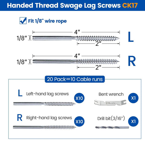 20 Pack Left and Right Handed Swage Lag Screws Cable Railing Hardware Kit For Wood Posts One Eighth Inch Stainless Steel T316 Deck Cable Railing System With Drill Bit And Bent Wrench, showing dimensions and included tools.