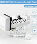 Installed refrigerator ice maker assembly, white with black mounting rail and ice tray