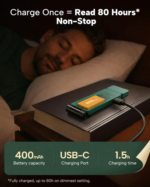 Rechargeable Clip On LED Reading Light With 3 Color Temperatures Smooth Stepless Dimming Memory Function Ultra Lightweight Bookmark Design For Bedside Late Night Reading For Kids And Book Lovers Cozy Nighttime Glow charging on a book with USB-C cable next to sleeping person.