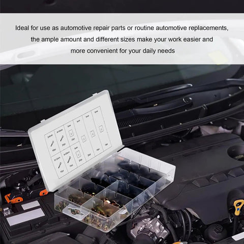 Shop Grade 170 Piece Auto Trim U Clip And Screw Kit With Nine Size Galvanized U Nuts organized in clear storage box on engine bay.