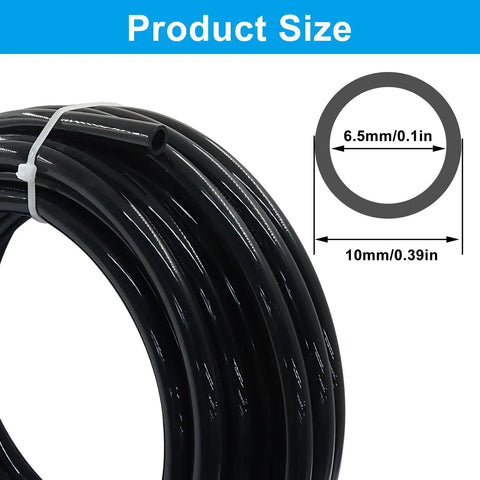 Three Eighths Inch Black PU Pneumatic Tubing Air Hose, coiled with size dimensions, 32.8 Feet Long, 10 Meters