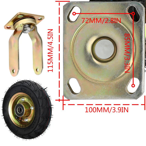 Heavy Duty Pneumatic Rubber Castor Wheel Set Of Four With Two Swivel And Two Directional Casters For Industrial Carts Rock Solid Silent Cruising Shock Absorbing 8 Or 10 Inch No Fuss Setup showing caster mounting and wheel detail.