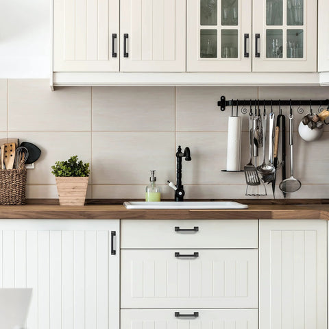 Matte Black Kitchen Cabinet Handles Set Of 10, 4-3/4 Inch Length, 3-3/4 Inch Hole Centers, installed on white cabinets
