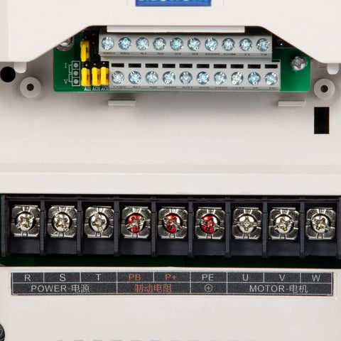 Close-up of Beefed-Up 220V 4kW VFD Inverter terminal connections on heavy-duty variable frequency drive for CNC machines.