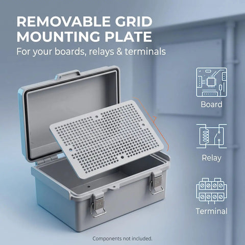 Rugged IP67 Outdoor Electrical Junction Box ABS Weatherproof Enclosure with removable grid mounting plate for boards and relays.