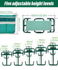 Adjustable Garden Kneeler And Seat With Foldable Frame Wide Kneeling Pad And Two Tool Pouches Five Height Settings From 15.7 To 20.5 Inches Heavy Duty Gardening Stool For Comfort No Sweat Versatility And Easy Yard Work shown in different heights with dimensions