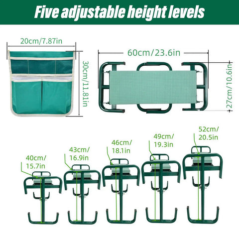 Adjustable Garden Kneeler And Seat With Foldable Frame Wide Kneeling Pad And Two Tool Pouches Five Height Settings From 15.7 To 20.5 Inches Heavy Duty Gardening Stool For Comfort No Sweat Versatility And Easy Yard Work shown in different heights with dimensions