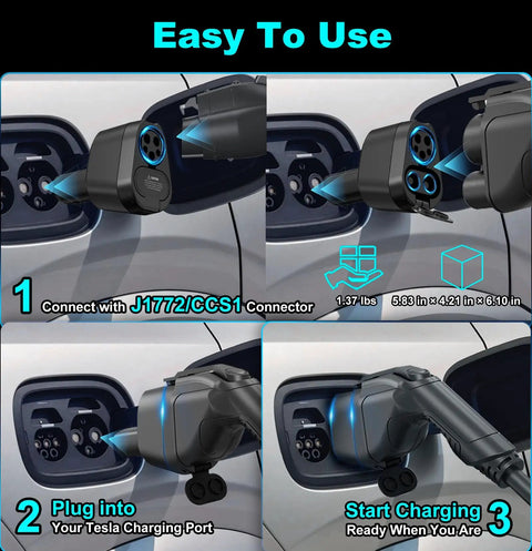 High End 2 In 1 Ccs To Nacs And J1772 To Tesla Adapter Pulls 250 Kw Fast Charges, showcasing easy connection steps for EV charging.