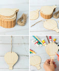 Unfinished Wooden Hot Air Balloon Cutouts With Twine, 20 Pieces, DIY Blank Ornaments for crafts shown in use and decoration.