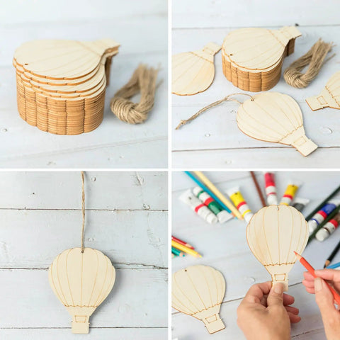 Unfinished Wooden Hot Air Balloon Cutouts With Twine, 20 Pieces, DIY Blank Ornaments for crafts shown in use and decoration.
