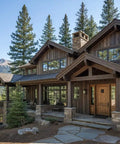 Exterior view of a rustic wooden cabin surrounded by pine trees and mountains, showcasing Top Shelf Reactive Wood Stain Featuring Hella Rustic Brown Tones.