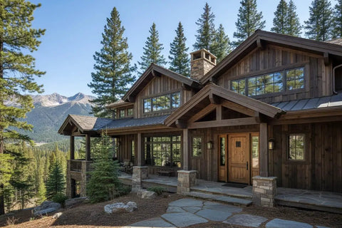 Exterior view of a rustic wooden cabin surrounded by pine trees and mountains, showcasing Top Shelf Reactive Wood Stain Featuring Hella Rustic Brown Tones.