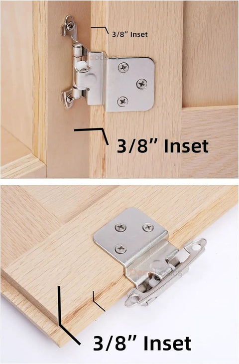 Three Eighths Inch Inset Cabinet Hinges Brushed Nickel Satin Nickel Finish installed on kitchen cabinet