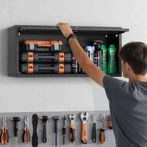 Person opening Space Saving Metal Wall Cabinet With Up Flip Door About Thirty Inches Wide Twelve Inches Deep And Fourteen Inches High Heavy Duty Rail Mount Floating Garage Storage 120 Lb Per Shelf For Garage Basement Kitchen Or Warehouse, holding tools and supplies.