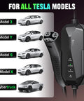 Chill Plug And Play Level 2 Ev Charger For Tesla Featuring 32 Amp Fast Charge with Tesla models displayed in the background.
