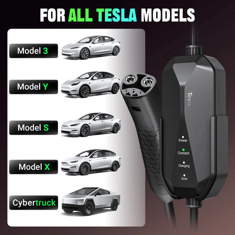 Chill Plug And Play Level 2 Ev Charger For Tesla Featuring 32 Amp Fast Charge with Tesla models displayed in the background.