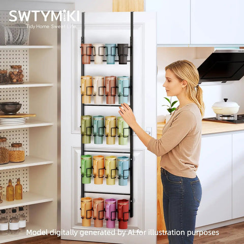 5 Tier Water Bottle Organizer Over The Door Cup Holder for Bulky Stanley Tumblers and Large Jugs in a kitchen setting