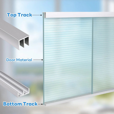 Metal Sliding Door Track Set For One Quarter Inch Thick Panels Ideal For Glass Cabinet Doors And Windows, showing top and bottom aluminum tracks installed with a glass panel.