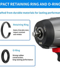 20 Sets Of Three Eighths Inch And One Half Inch Impact Retaining Ring Clips With O Rings Friction Rings Socket Retainer Kit And Anvil Installation Tool For Quick Swaps And Easy Maintenance On Electric And Pneumatic Impact Wrenches displayed with retaining ring, O-ring, and wrench close-up