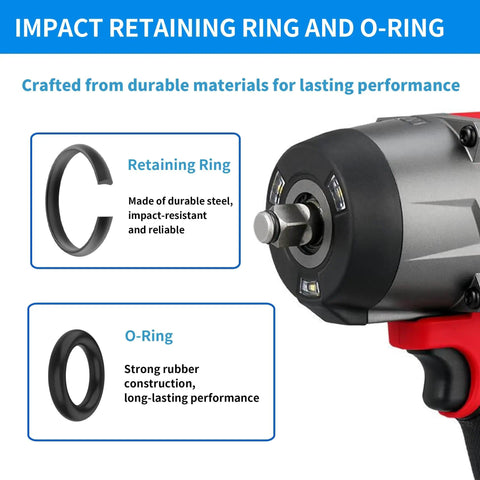 20 Sets Of Three Eighths Inch And One Half Inch Impact Retaining Ring Clips With O Rings Friction Rings Socket Retainer Kit And Anvil Installation Tool For Quick Swaps And Easy Maintenance On Electric And Pneumatic Impact Wrenches displayed with retaining ring, O-ring, and wrench close-up