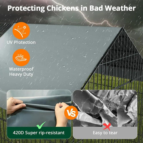 Weatherproof Outdoor Chicken Coop With Heavy Duty Cover showing UV protection and waterproof features.