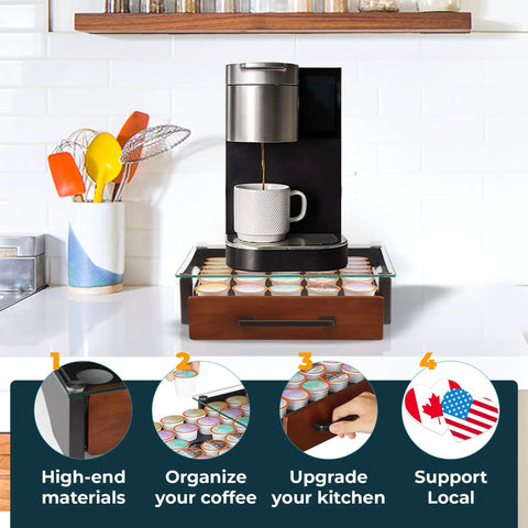 Heavy Duty K Cup Drawer Organizer For Coffee Pods With Solid Steel Real Wood And Tempered Glass Construction under coffee maker