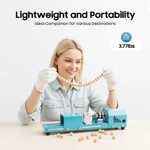 ZephPerton 96 Watt Mini Lathe Machine With Pure Copper Motor, 7 Speed Settings From 4000 To 9000 Rpm For Wood And Metal Working, Silent Flexible Shaft Tool Kit Perfect For DIY Grinding Polishing Projects; woman using lathe to shape wooden beads