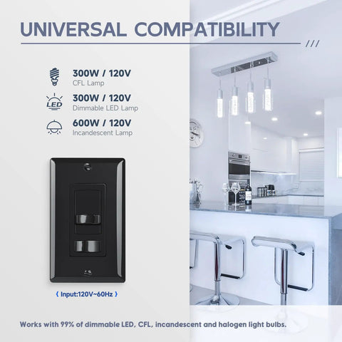 Black In Wall Dimmer Switch With 3 Way And Single Pole Control Smooth Dimming For 300W LED CFL And 600W Incandescent