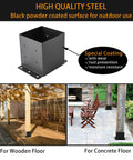 Heavy Duty Black Powder Coated 6x6 Post Base Brackets For Deck Porch Fence Railing And Pergola Support 4 Pack With Inner Size 5.6 By 5.6 Inches Durable Steel Anchor shown on wooden and concrete floors.