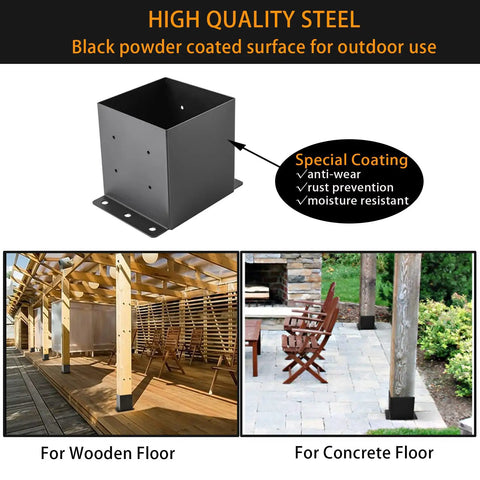 Heavy Duty Black Powder Coated 6x6 Post Base Brackets For Deck Porch Fence Railing And Pergola Support 4 Pack With Inner Size 5.6 By 5.6 Inches Durable Steel Anchor shown on wooden and concrete floors.